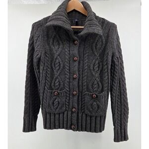 GAP Cable Knit Chunky Cardigan Gray Women's Large Roll Collar Academia Old Money